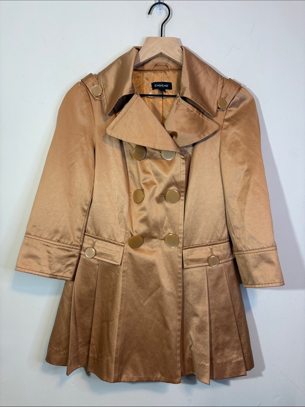 Bebe Chunky Button Y2K Glam Double-Breasted Gold Satin Trench Coat